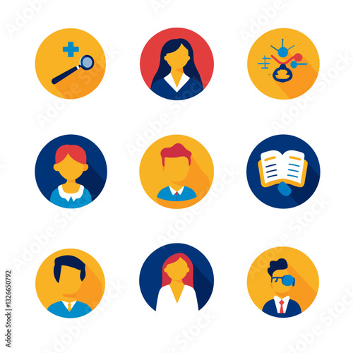 Icons representing medical, business, people, technology, and learning concepts.