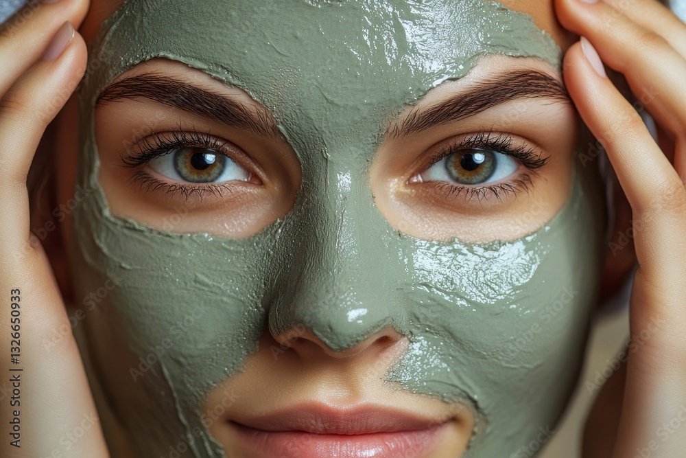 Fototapeta premium Beautiful Woman Face Mask Spa Treatment Green Clay Skincare up relax close model fresh clean beauty 