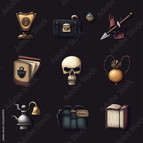 Stylized Fantasy Icon Set, Trophy, Skull, Book, Spear and Accessories