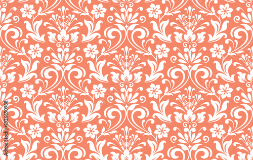 Floral pattern. Seamless vector background. Vintage wallpaper in the Baroque style. White and pink ornament for fabric, wallpaper, packaging. Ornate Damask flower illustration