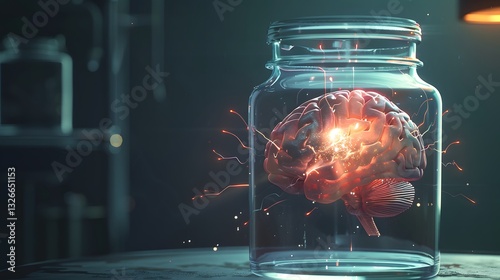 A jar filled with a brain is lit up with bright colors. The jar is on a table and the brain is surrounded by sparks. Concept of wonder and curiosity about the brain and its functions