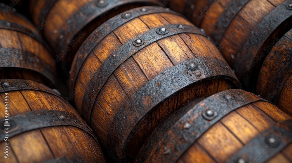 Wooden barrels stacked closely together reveal intricate craftsmanship and a weathered appearance, rich in history