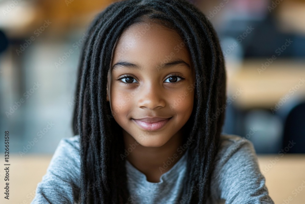Smiling girl with dreadlocks in classroom setting during daytime Smiling girl with dreadlocks in classroom setting during daytime