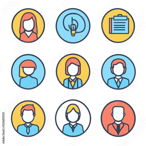 Business Icons of People, Lightbulb Idea, Clipboard, Vector Illustration
