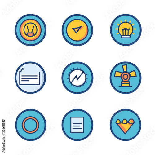 Set of modern business and technology icons on blue background.