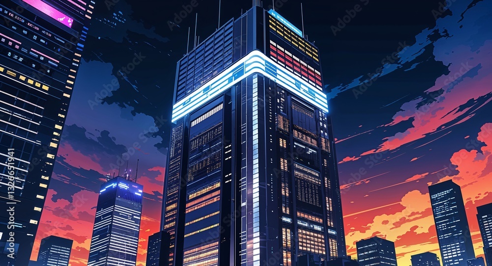 Obraz premium High tech skyscraper with LED screens building design on manga design illustration background