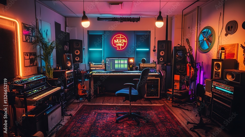 Fototapeta premium Music Recording Studio with Instruments and Audio Equipment Setup