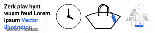 Analog clock with black hands, handbag with price tag, and a sustainable city integrating water conservation. Ideal for time management, shopping, urban planning, eco-living, sustainability