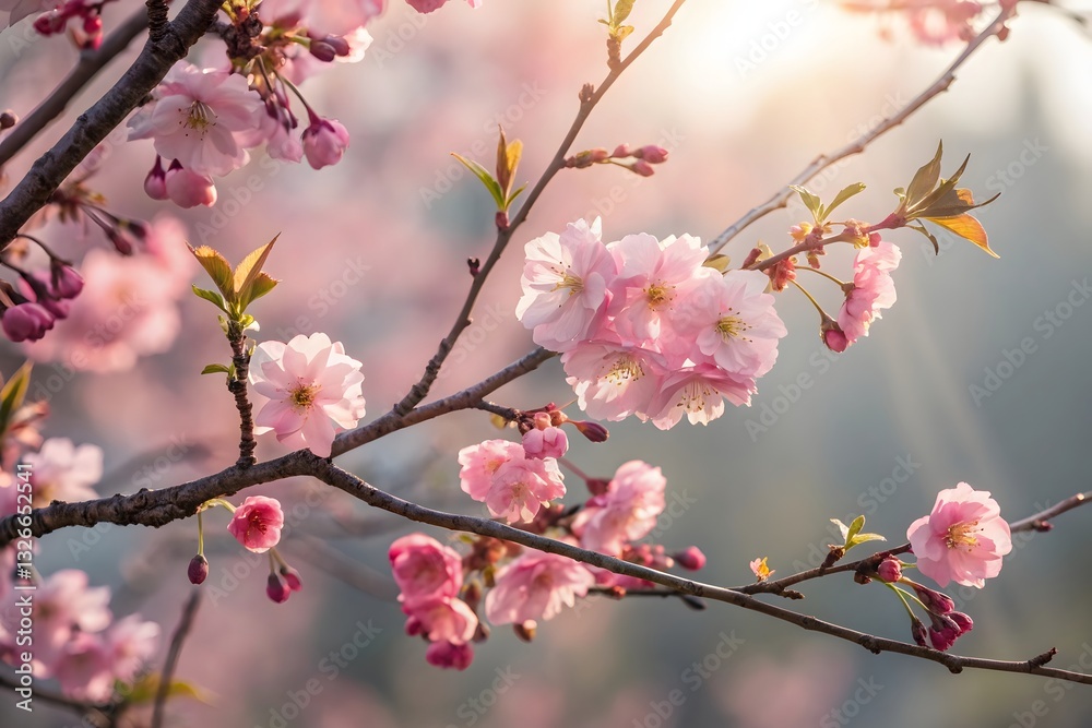 Pink sakura blossoms bloom on spring branches against a soft sky Pink sakura blossoms bloom on spring branches against a soft sky