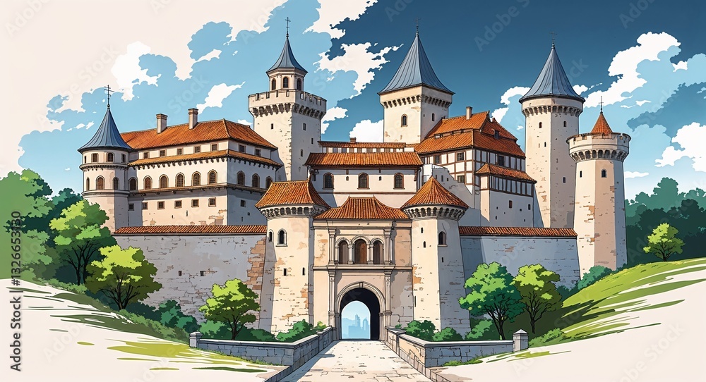 Fototapeta premium Historic European fortress building design on manga design illustration background