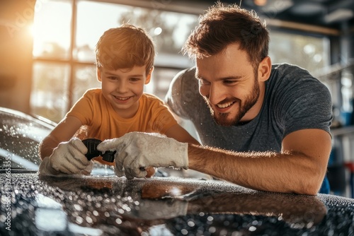 Happy Father and Son Washing Car Together Family Bonding Activity Weekend Fun Joy Auto Love Glove   