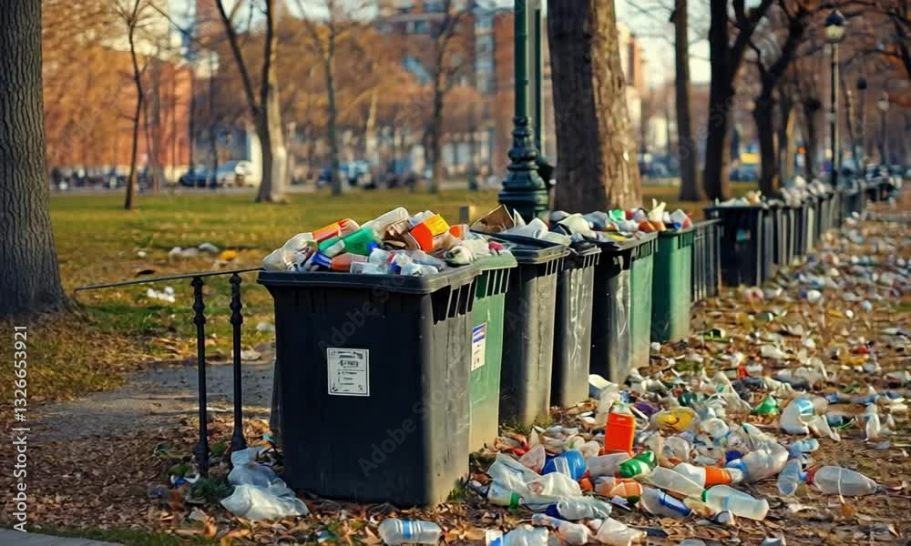 Overflowing public trash bins and litter create an unsightly urban environment littered with plastic waste. Overflowing public trash bins and litter create an unsightly urban environment littered with plastic waste.