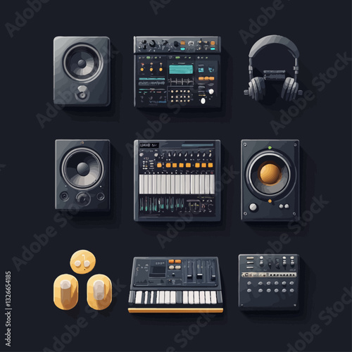 Music Studio Equipment Set: Speakers, Synthesizer, Headphones, and more.