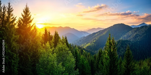 Majestic Sunset Over Lush Green Forest and Mountainscape