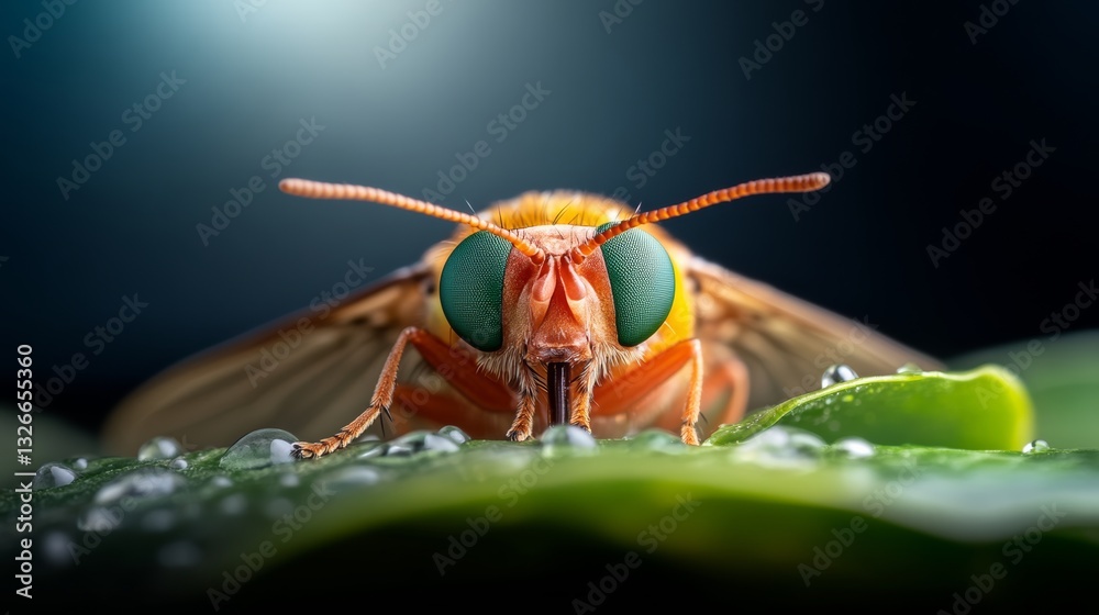 Fototapeta premium Bug with green eyes is on a leaf. The bug is looking at the camera. The image has a mood of curiosity and wonder