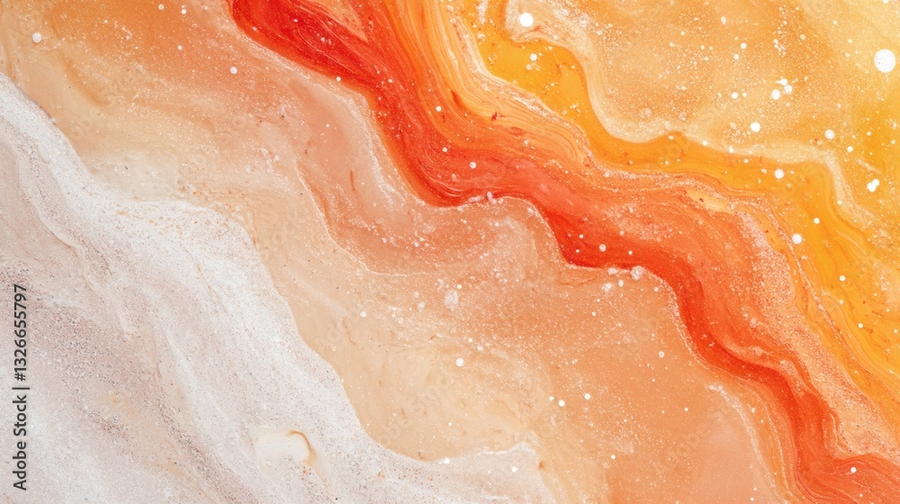 Obraz premium Colorful abstract design showcasing vibrant orange and red swirls on a soft beige background, highlighting artistic fluidity