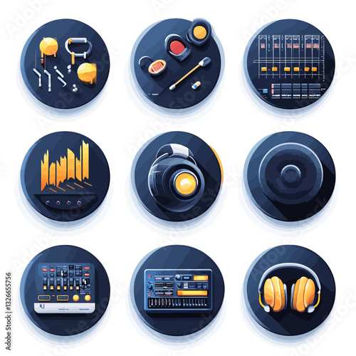 Music Studio Icons: Audio Equipment, Headphones, and Sound Mixer Elements