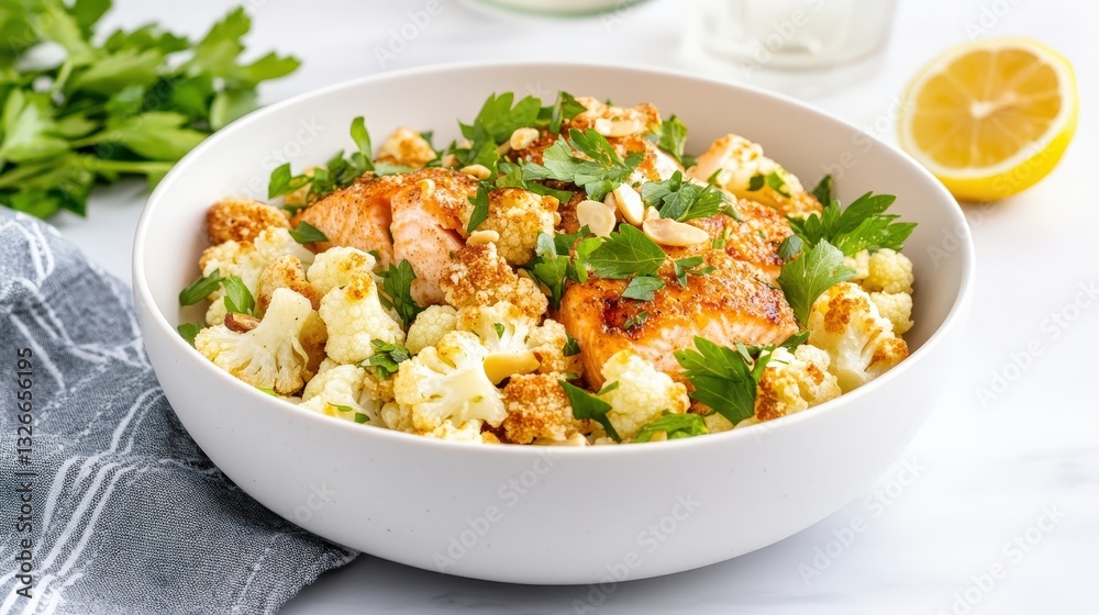 A vibrant bowl of salmon over cauliflower rice, garnished with fresh herbs and served with a lemon wedge, showcasing a healthy meal option. A vibrant bowl of salmon over cauliflower rice, garnished with fresh herbs and served with a lemon wedge, showcasing a healthy meal option.