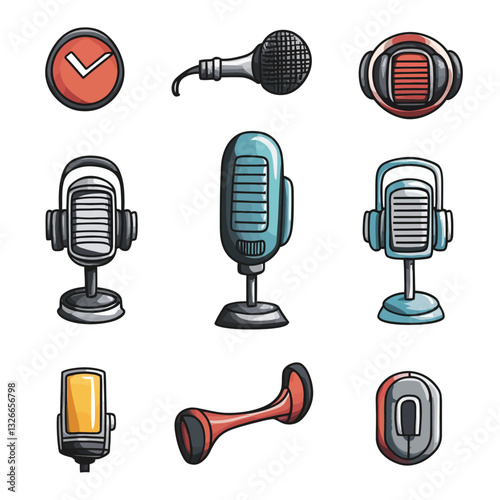 Collection of Retro Microphones, Headphones and other Audio Elements