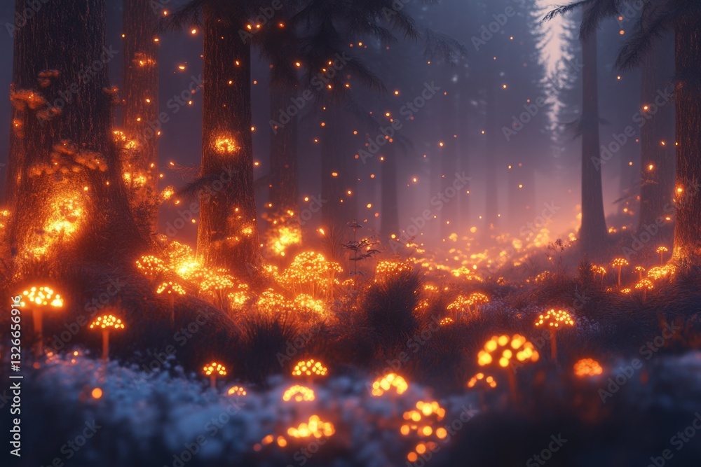 Obraz premium Enchanted forest with glowing mushrooms illuminated by soft light during twilight