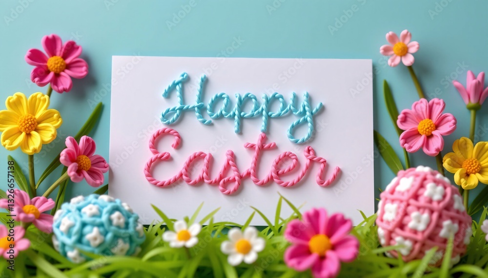 Happy Easter Card with Crochet Eggs and Flowers