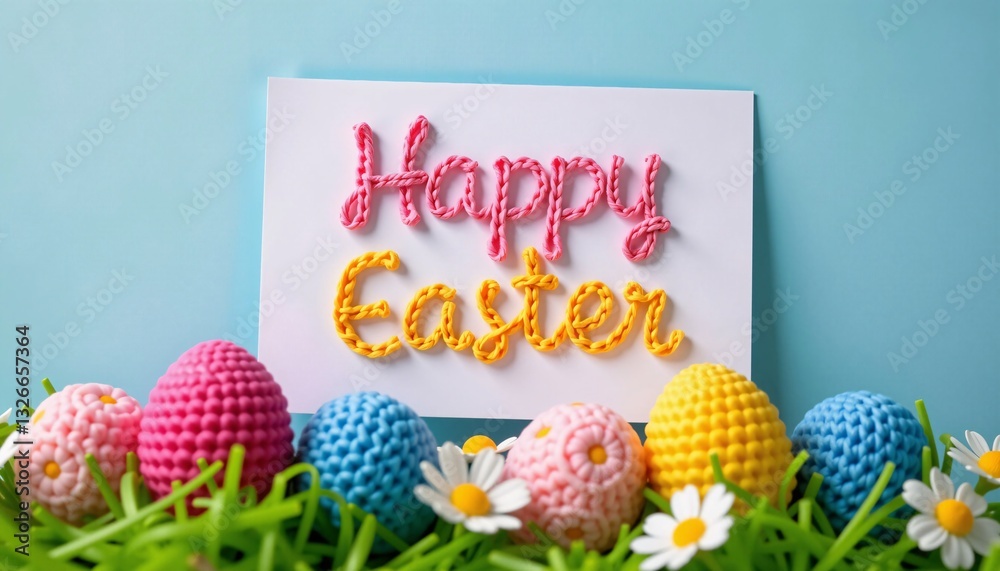 Happy Easter Card with Crochet Eggs and Daisies
