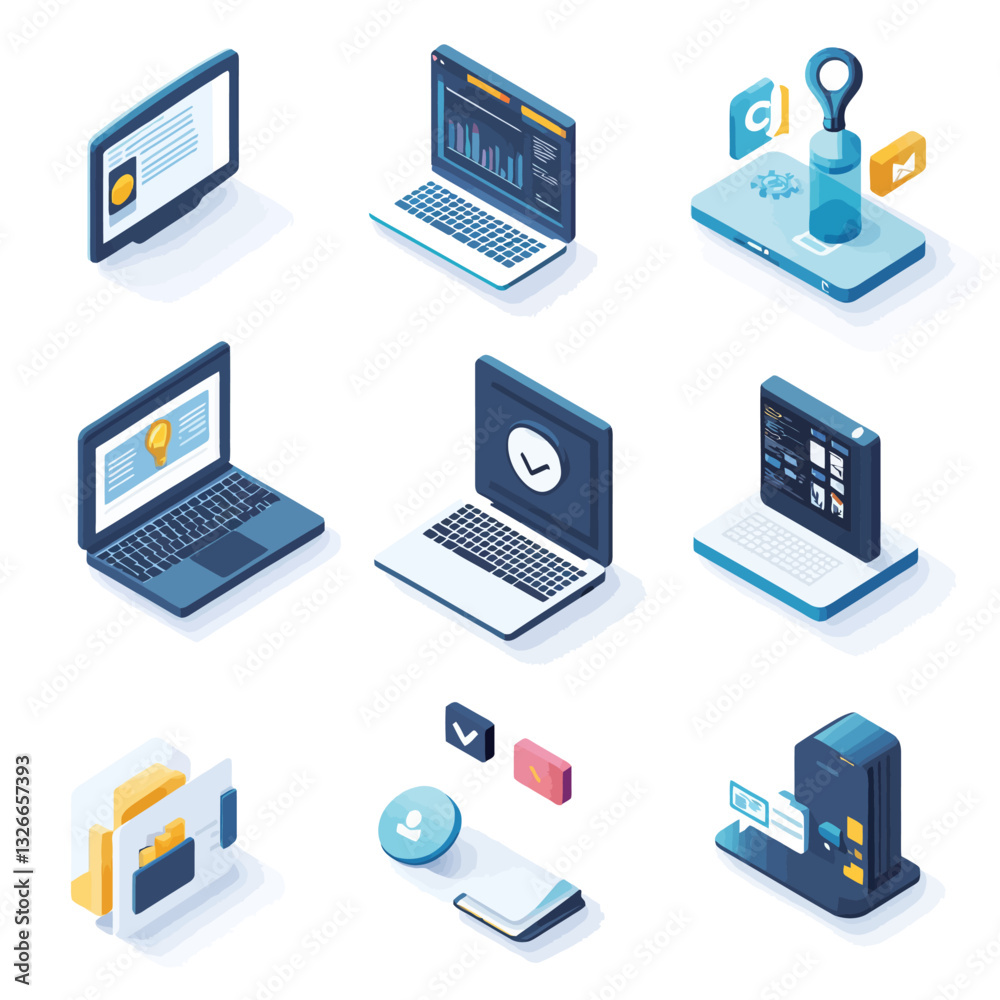 Isometric tech and business concepts, computer laptop data server icons Isometric tech and business concepts, computer laptop data server icons