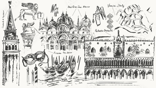 Hand drawn Venice architecture collage urban sketch. Black ink landscape line drawing of Italy ancient city