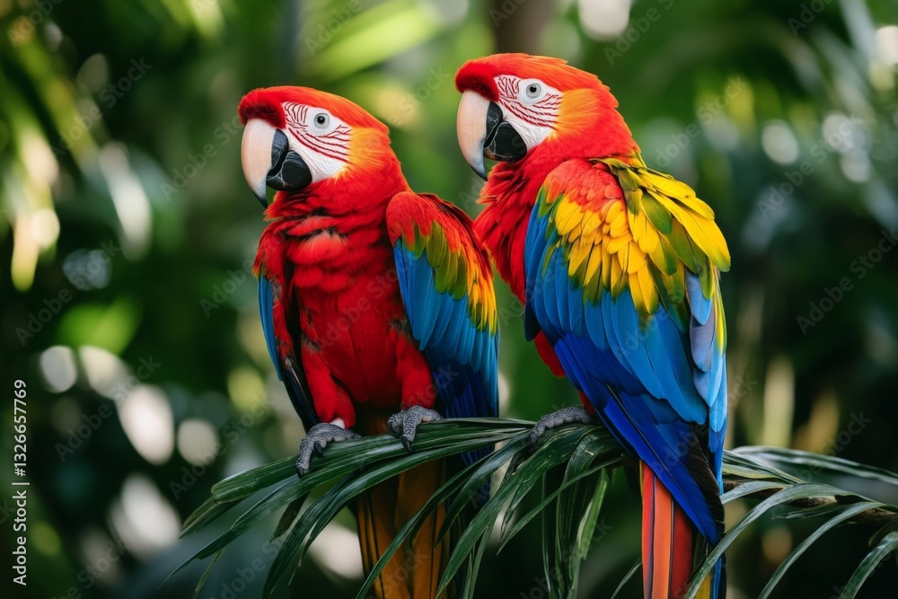 Fototapeta premium Two vibrant scarlet macaws perched on tropical foliage in a lush garden setting during the daytime