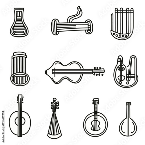 Line Art Musical Instruments Collection on White Background