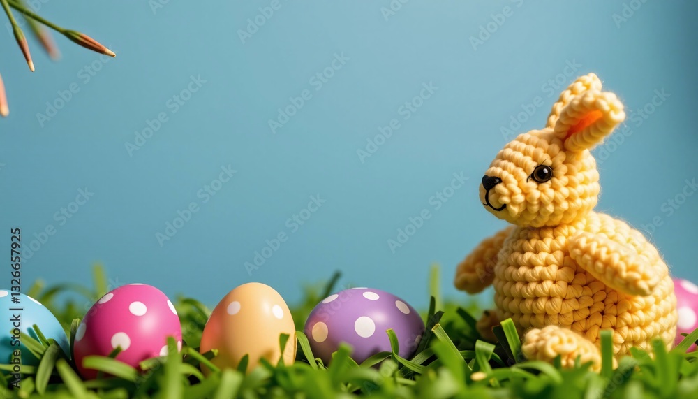 Crochet Easter Bunny and Colorful Eggs on Grass