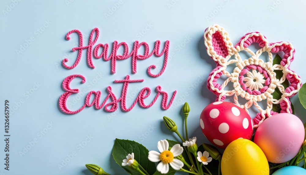 Happy Easter with Crochet Flower and Colorful Eggs