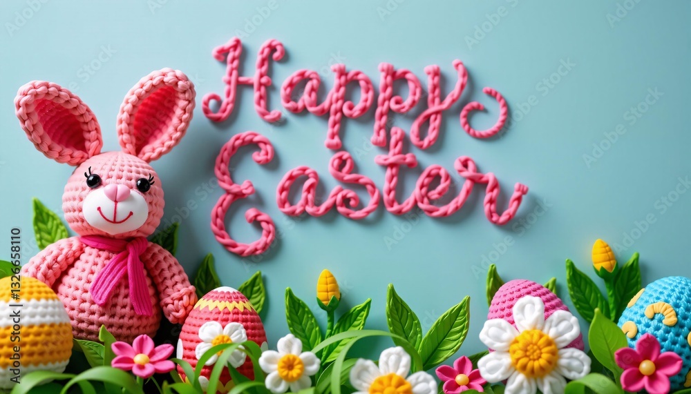 Happy Easter with Pink Crochet Bunny and Eggs