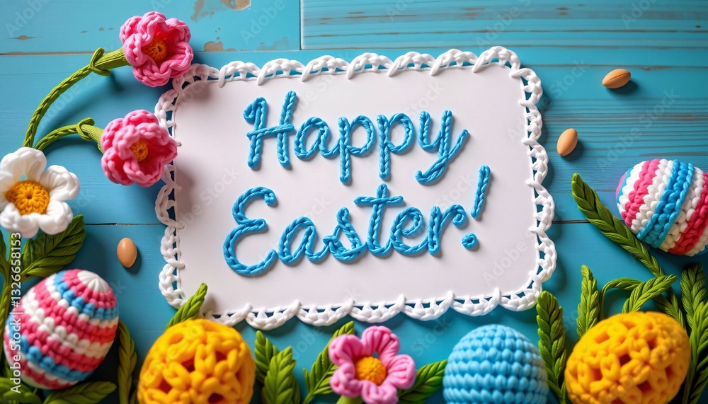 Happy Easter card with knitted eggs and crochet flowers on blue wood
