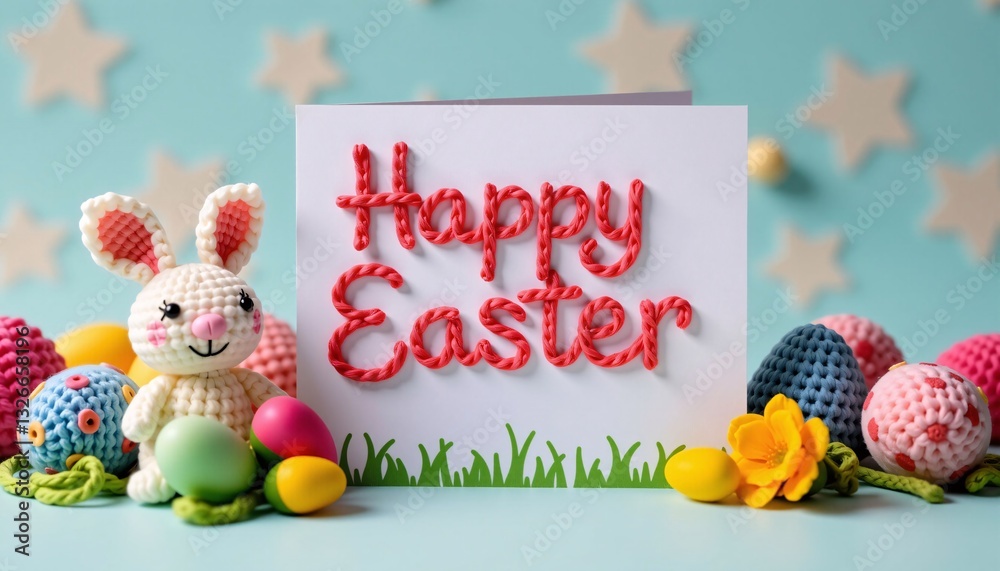 Happy Easter card with knitted bunny, eggs, and flowers on blue