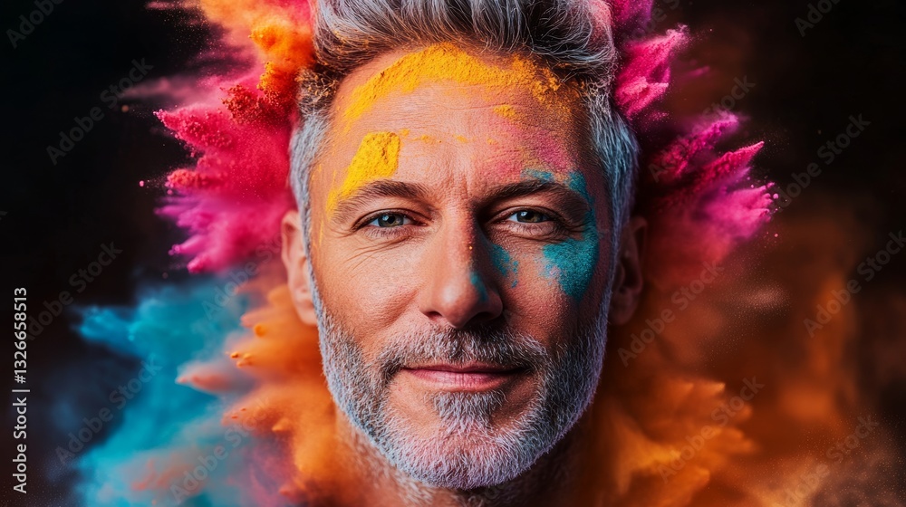 Man with a beard and gray hair is wearing colorful makeup. He is smiling and looking at the camera. The image has a fun and playful mood, as the man's makeup is bright and colorful Man with a beard and gray hair is wearing colorful makeup. He is smiling and looking at the camera. The image has a fun and playful mood, as the man's makeup is bright and colorful