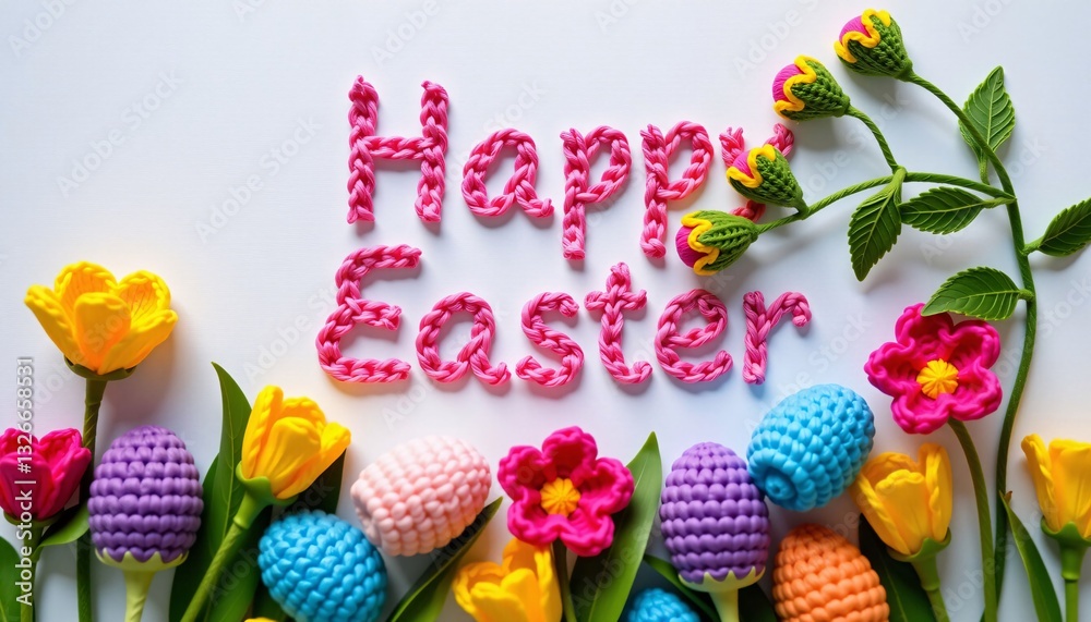 Happy Easter text with knitted flowers and eggs on white