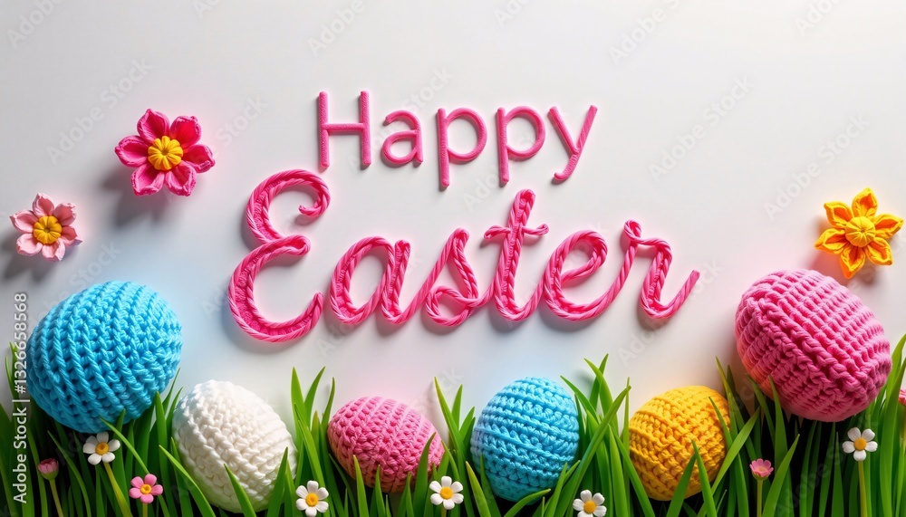Happy Easter text with knitted eggs and crochet flowers on white