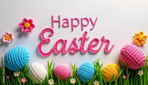 Obraz na płótnie Happy Easter text with knitted eggs and crochet flowers on white w salonie