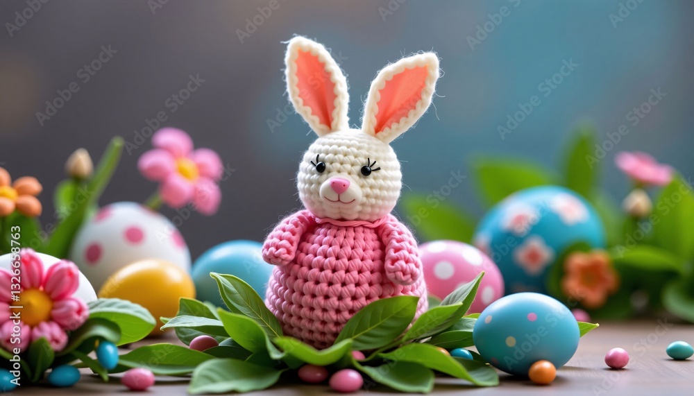 Crochet bunny with eggs and flowers on table