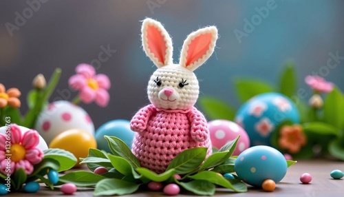 Obraz na płótnie Crochet bunny with eggs and flowers on table w salonie