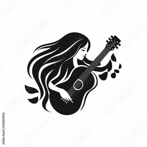 Silhouette of a woman playing acoustic guitar with musical notes.