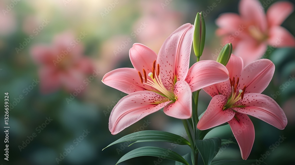 Fototapeta premium Vibrant Pink Lilies Blooming in a Lush Outdoor Garden Setting