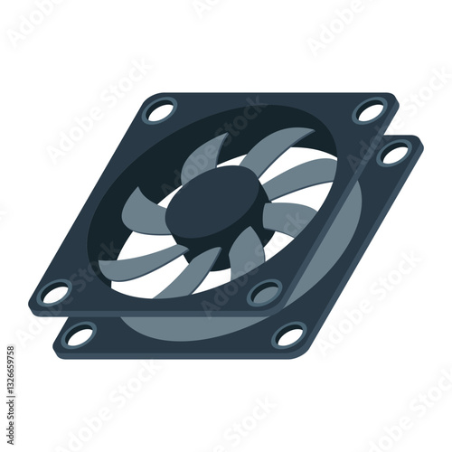 Isometric computer fan. Computer fan cooler. Isometric of PC case fan. Computer hardware components. Vector illustration