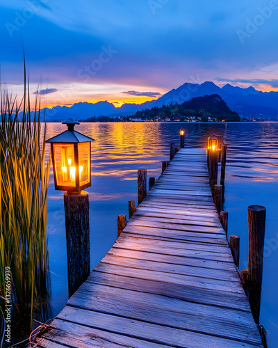 Serene lakefront wooden pier at dusk