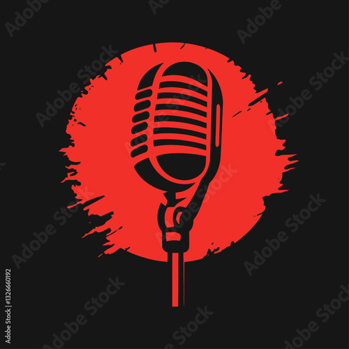 Retro Microphone Silhouette in Black and Red with Grunge Background