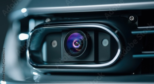 Close-up of modern car front camera with reflections in lens and metallic frame