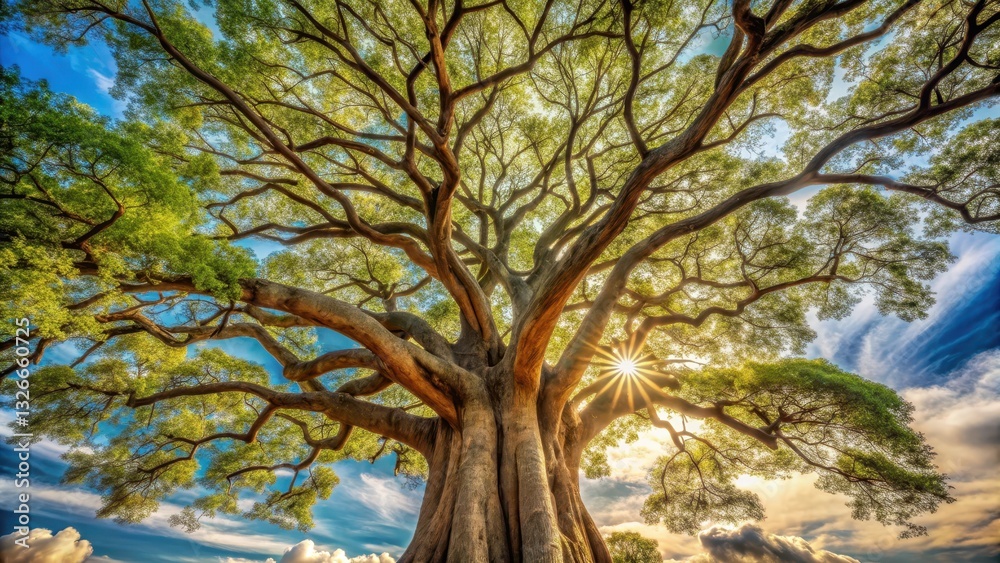 Towering tree with a majestic trunk and branches stretching towards the sky, ambiance, rustic,  ambiance