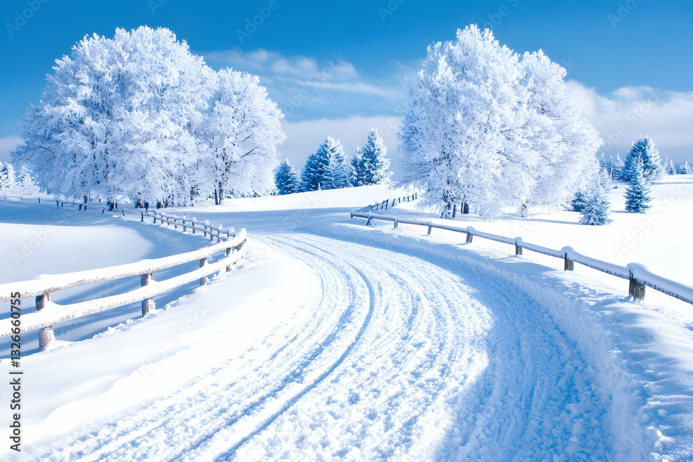 Fototapeta premium Winter wonderland landscape with snow-covered trees and a winding road