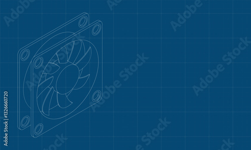 Isometric computer fan blueprint. Computer fan cooler. Isometric of PC case fan. Computer hardware components. Vector illustration